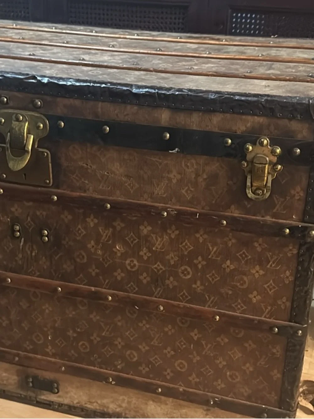 Vintage 1930 Brown Monogram Storage Trunk - Decorative Home Chest
